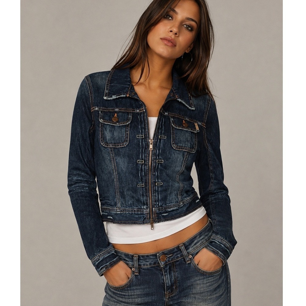 Vintage Ezra Fitch Denim Jacket Women Medium Y2K Cropped Zip Front Dark Wash